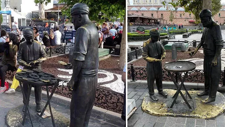 Eminönü’ndeki simitçi heykelinin simitlerini çaldılar